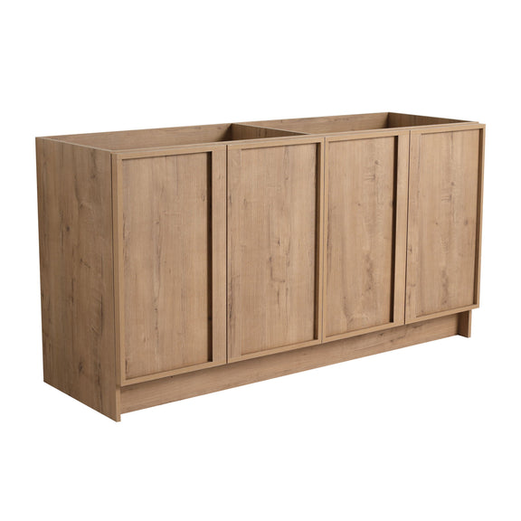 Freestanding bathroom vanity with four wood cabinet doors and recessed top opening