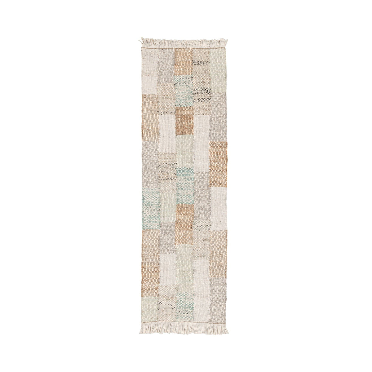 Ritsa rug with vertical patchwork blocks in beige, cream, gray, and muted blue; fringes