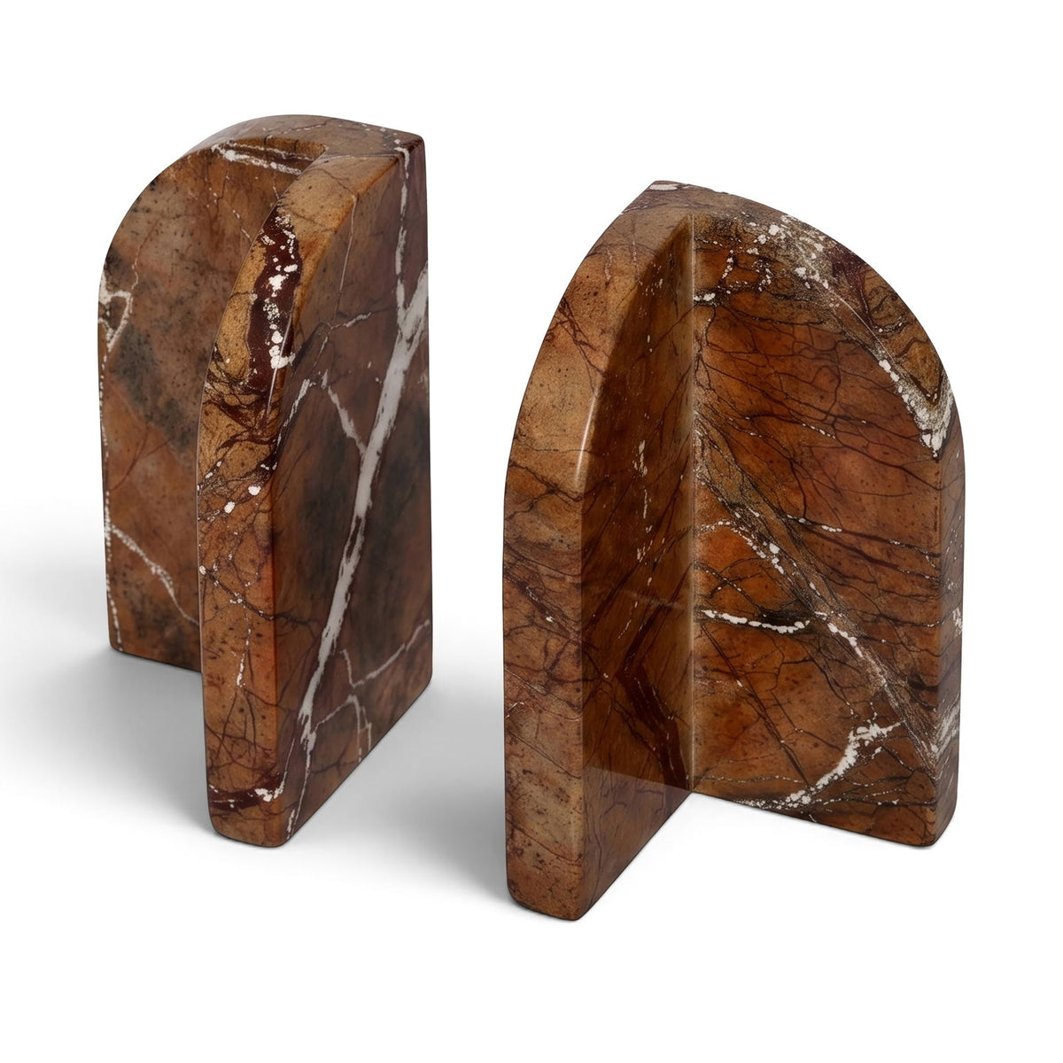 Dark brown marble bookends with arched back and white veining, set of 2