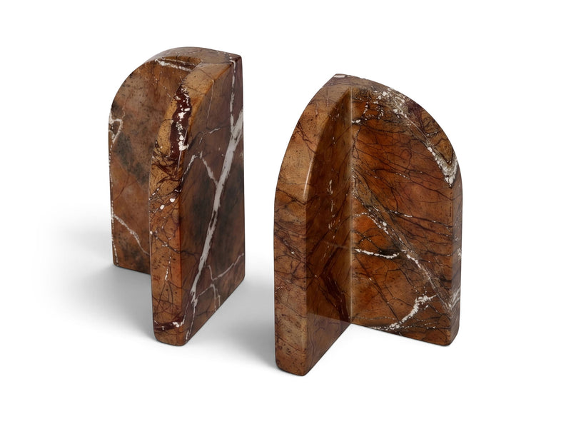 Dark brown marble bookends with arched back and white veining, set of 2