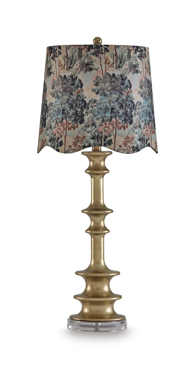 Jaystower antique gold table lamp with fabric shade featuring blue-gray floral landscape