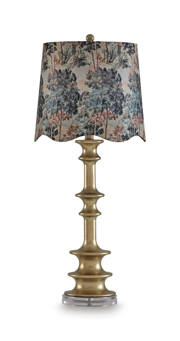Jaystower antique gold table lamp with fabric shade featuring blue-gray floral landscape