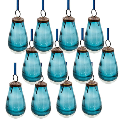 Light blue glass tear-drop ornament, metal cap and hanging loop, set of 12