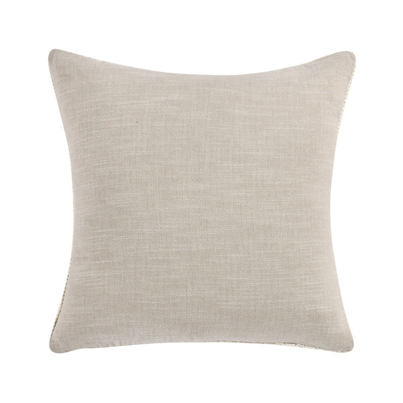 Stone gray square throw pillow in textured woven fabric with neat corners