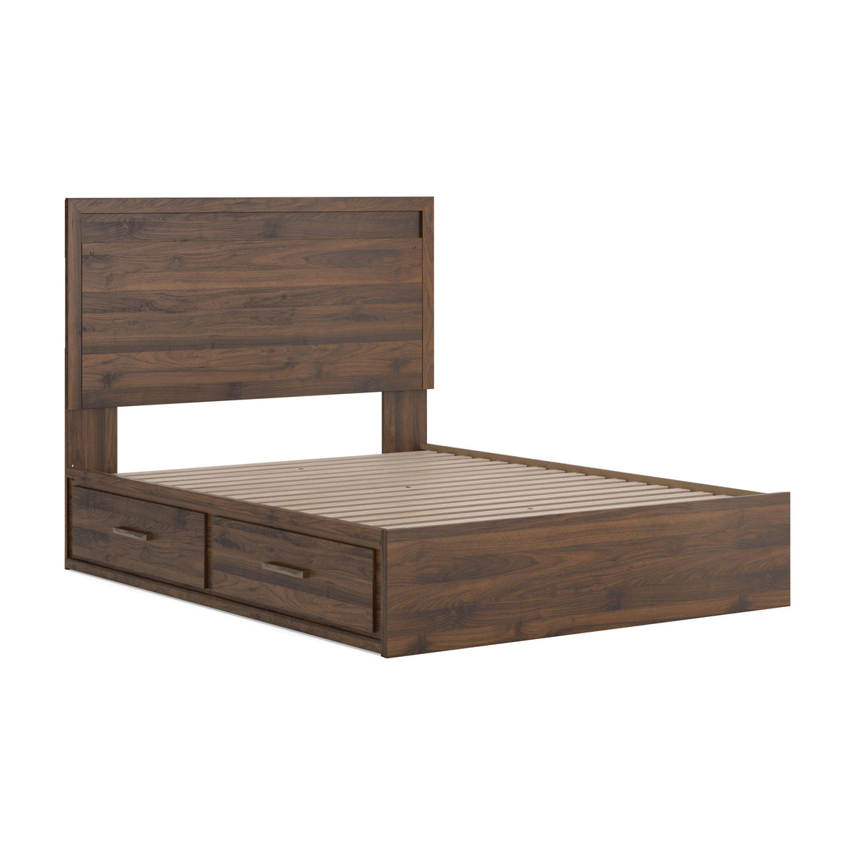Light brown panel storage bed with slatted base and side drawer storage