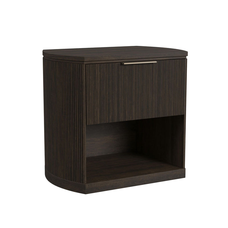 Single dark wood storage cube with vertical panel design and open front shelf.