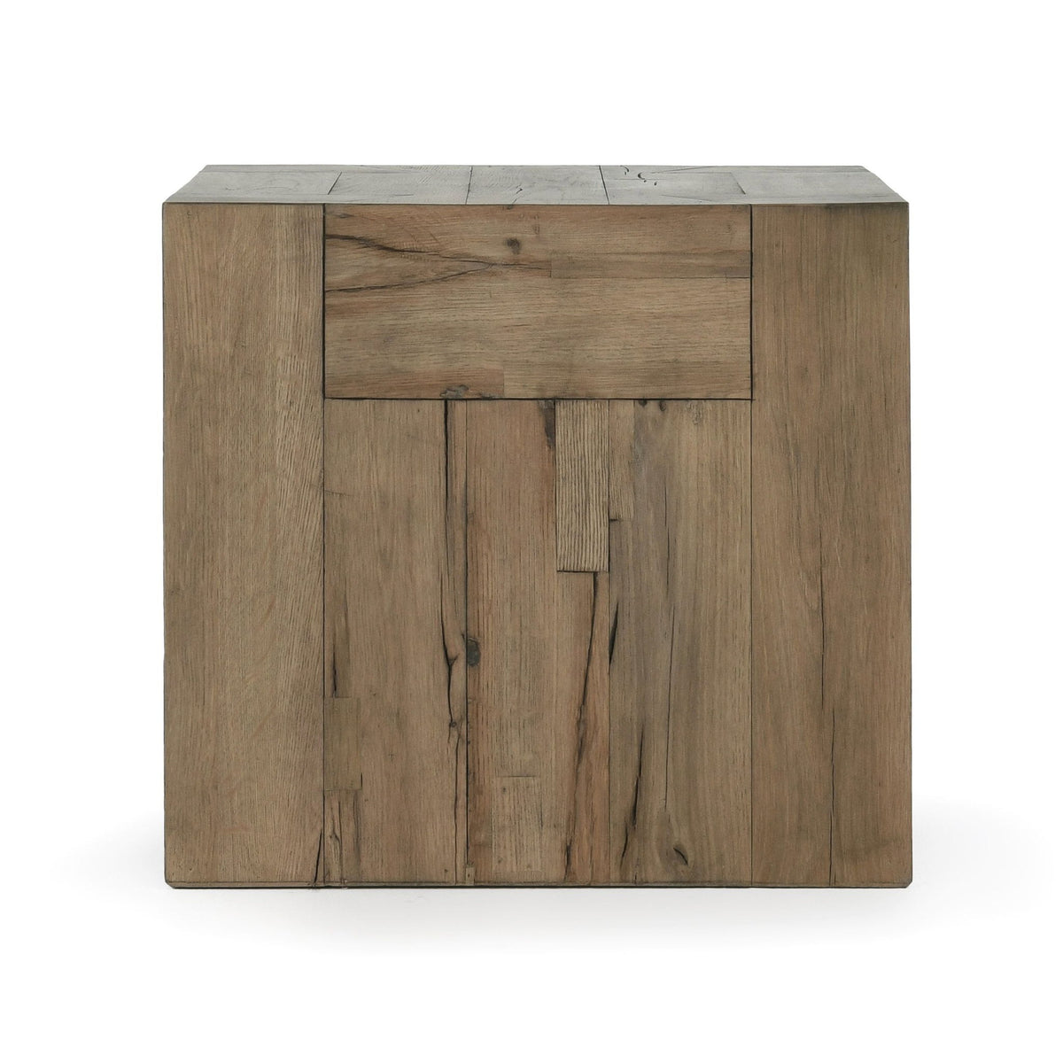 Dark reclaimed oak end table with front drawer and rustic wood panels