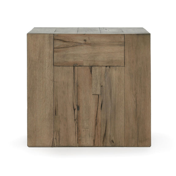 Dark reclaimed oak end table with front drawer and rustic wood panels
