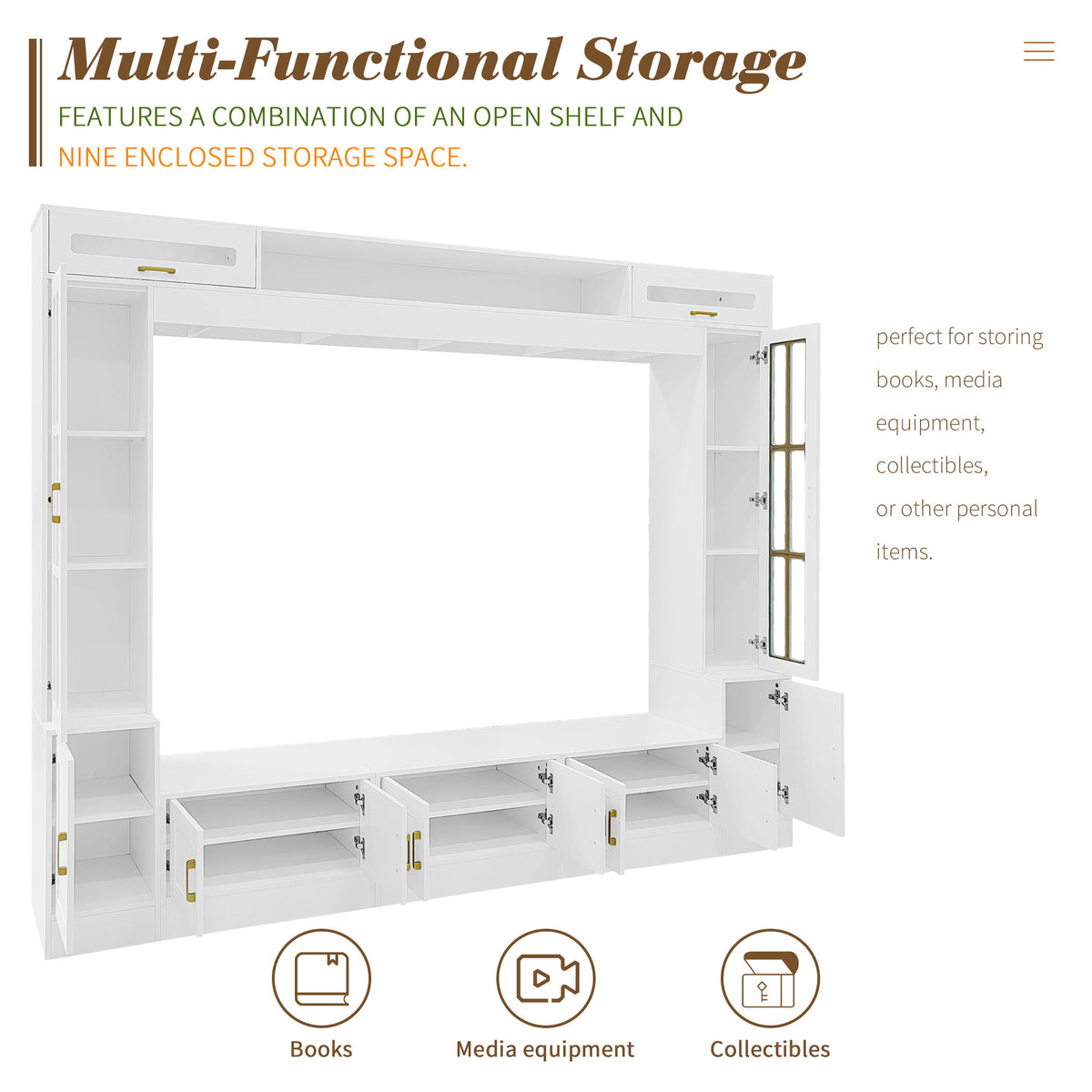 Wall Unit Entertainment Center With Bookshelves For TVs Up To 80"