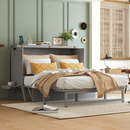 Grey queen Murphy cabinet bed with built-in side shelves