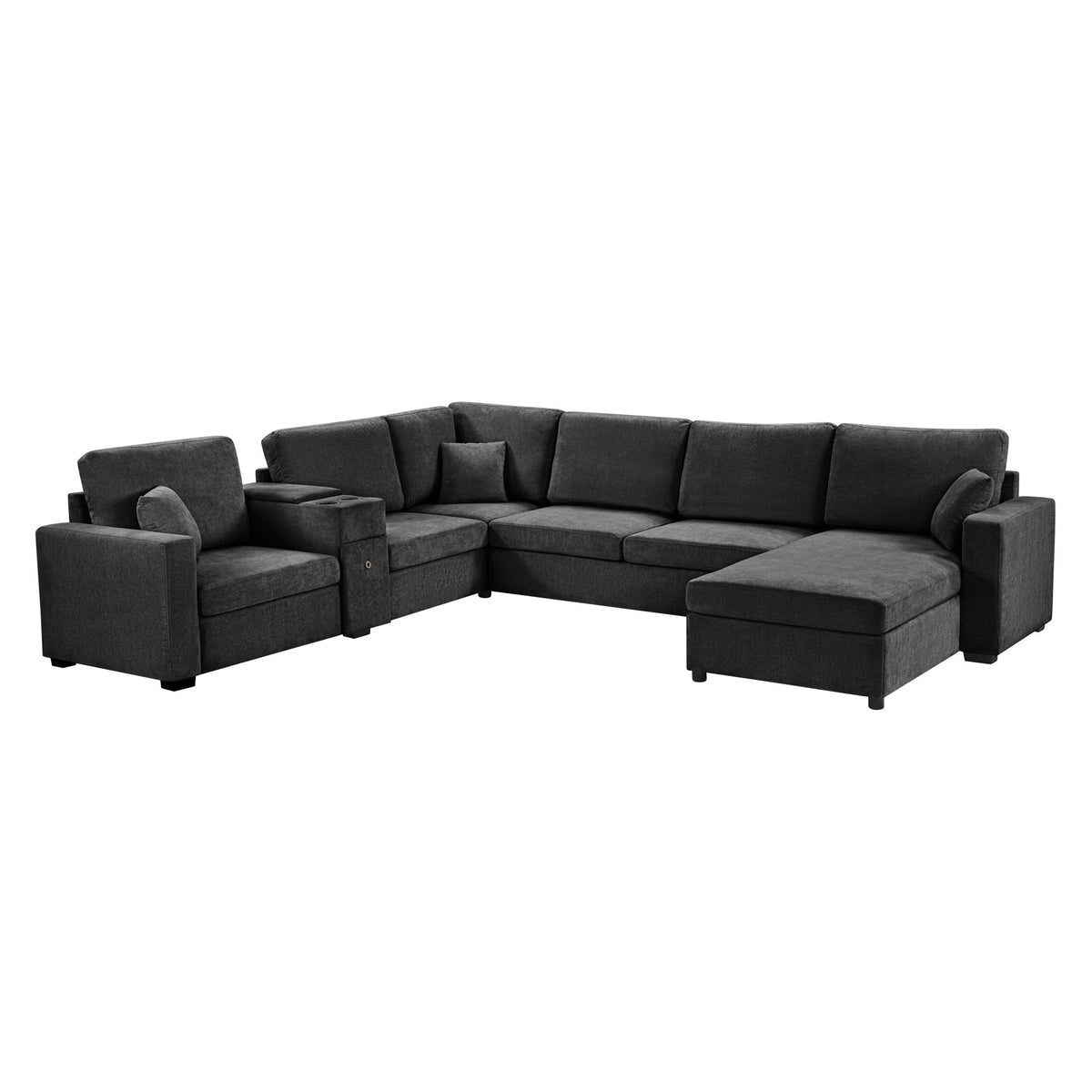 Dark gray sectional sofa with chaise lounge and matching ottoman, U-shaped layout