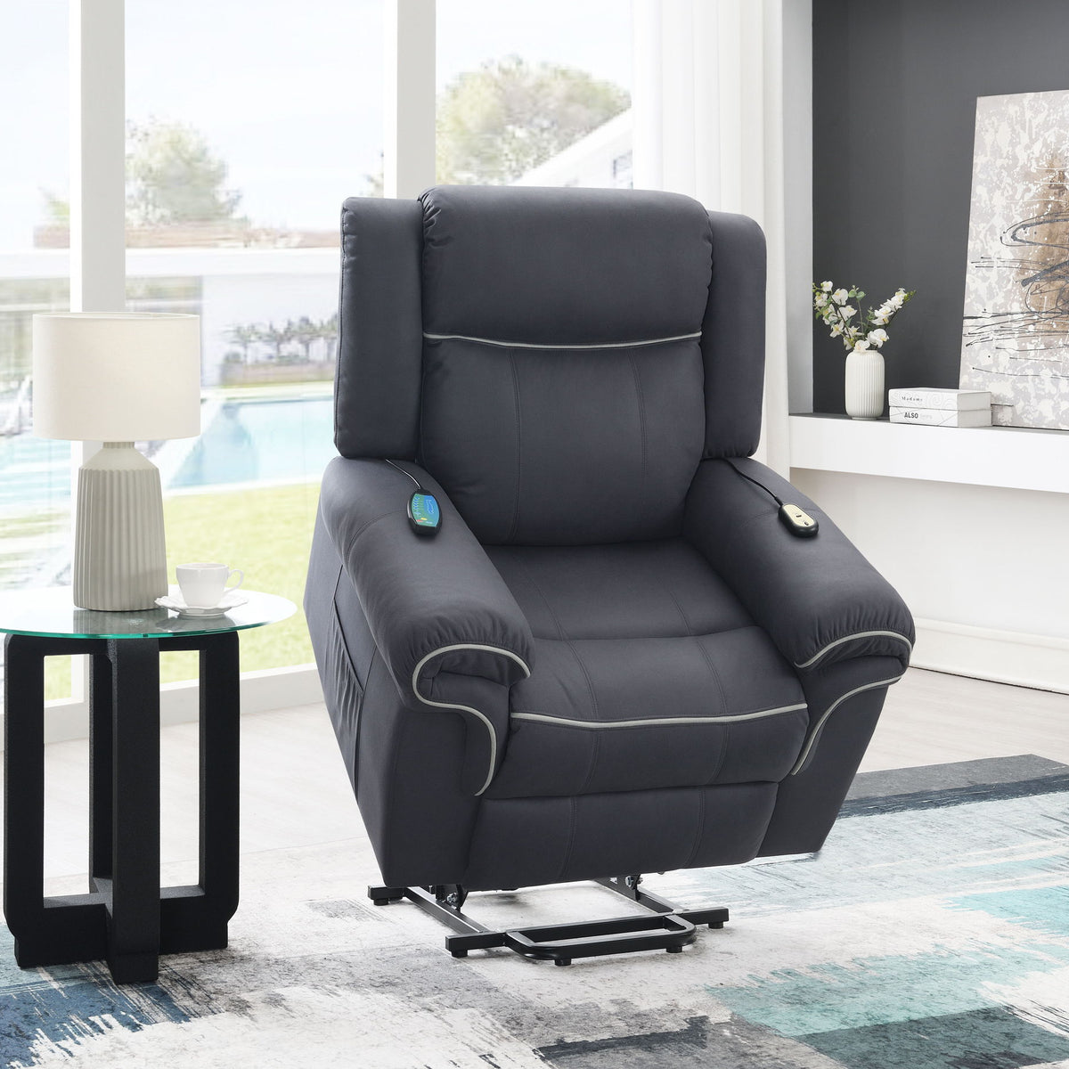 Domana - Polished Microfiber Power Nirion Recliner With Lift Heating Massage Chair - Dark Blue