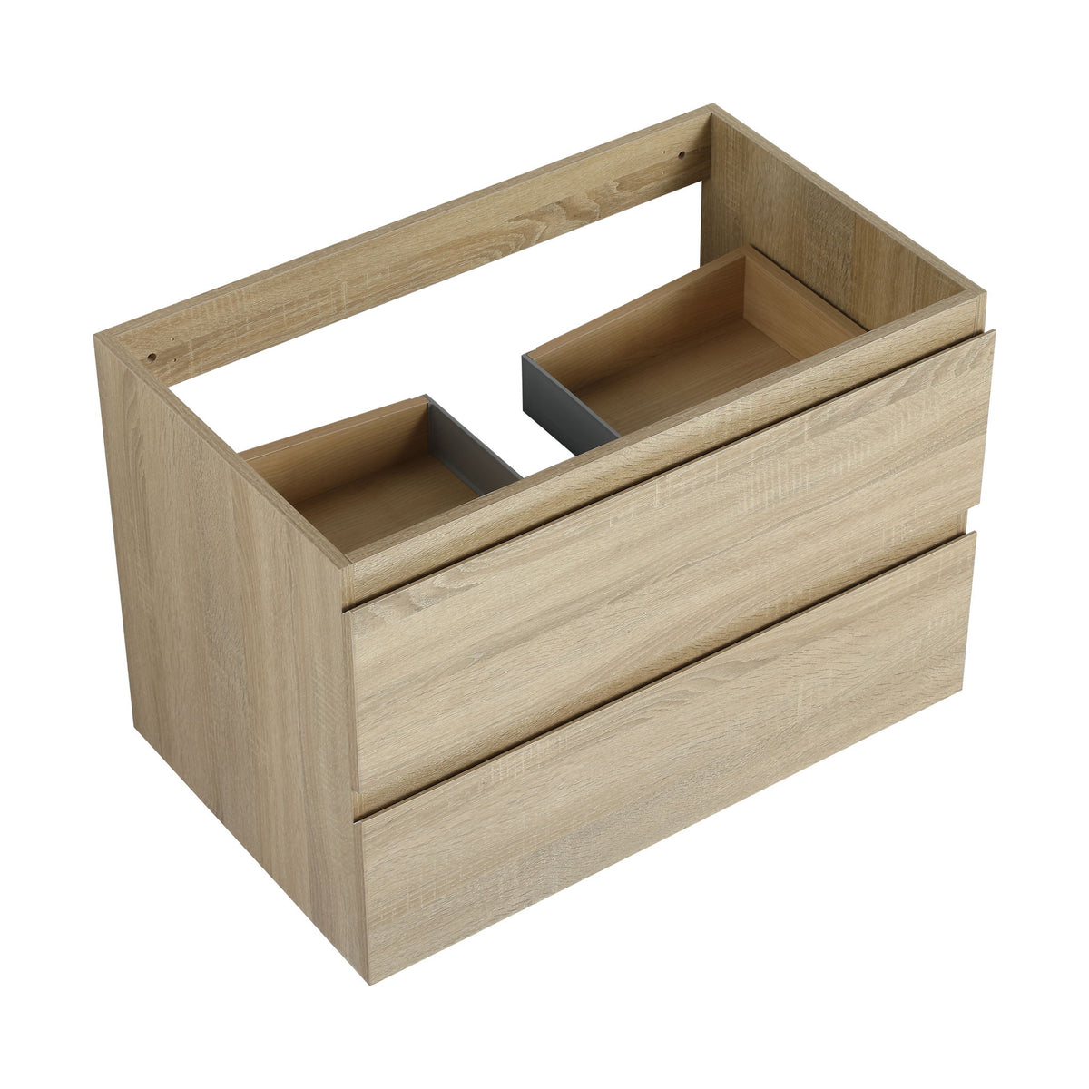 Light brown wall-mounted bathroom vanity with two open soft-close drawers and sink cutouts