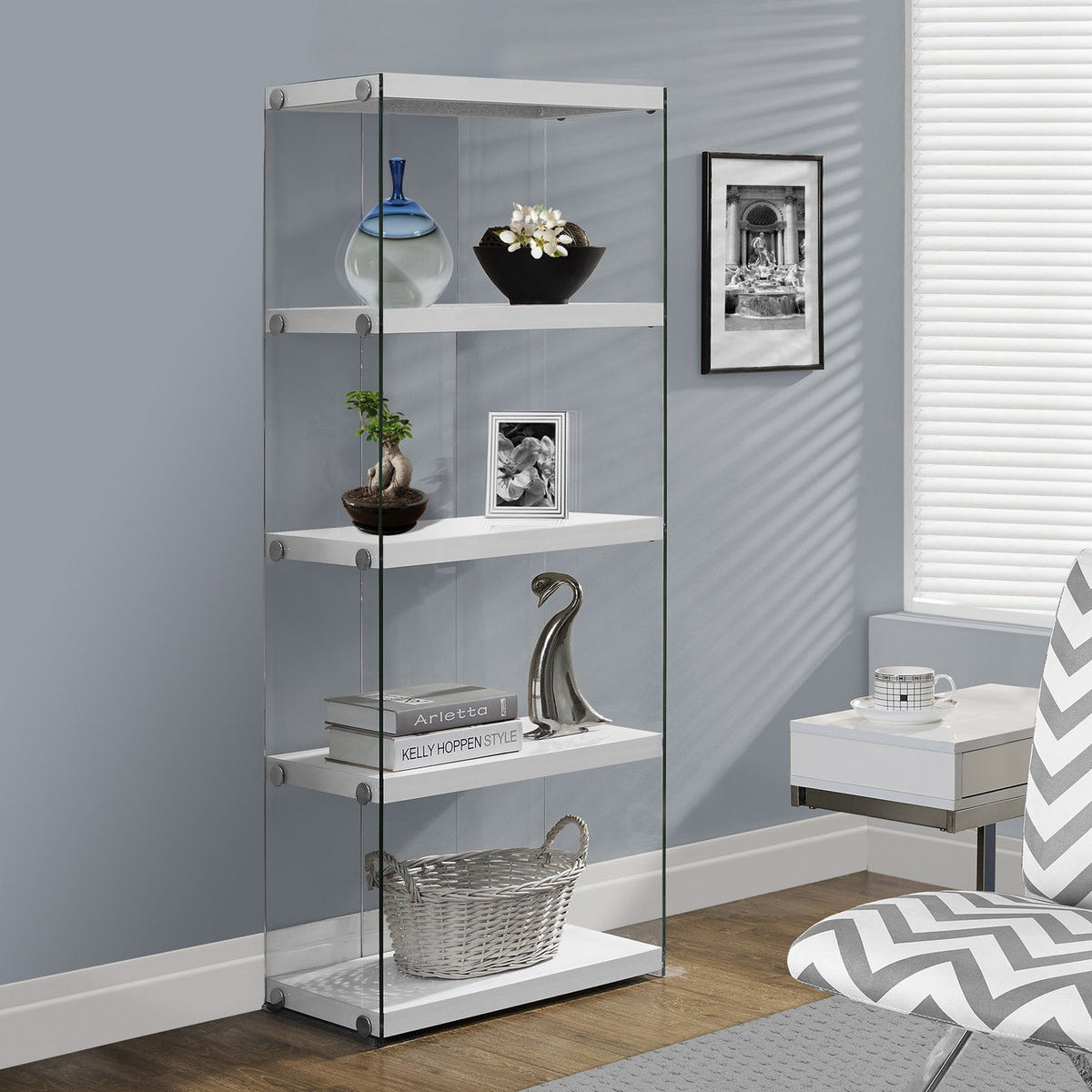 Bookshelf, Bookcase, Etagere, 5 Tier, Glossy Clear Tempered Glass - White