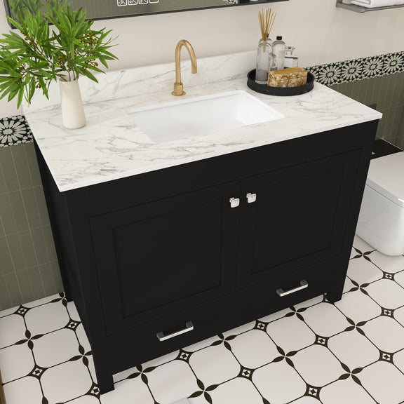 Black vanity cabinet with two doors and two drawers, white sink and brass faucet