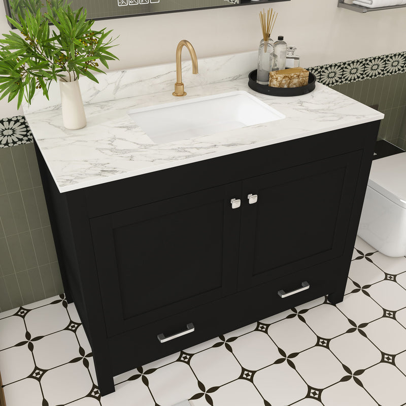 Black vanity cabinet with two doors and two drawers, white sink and brass faucet