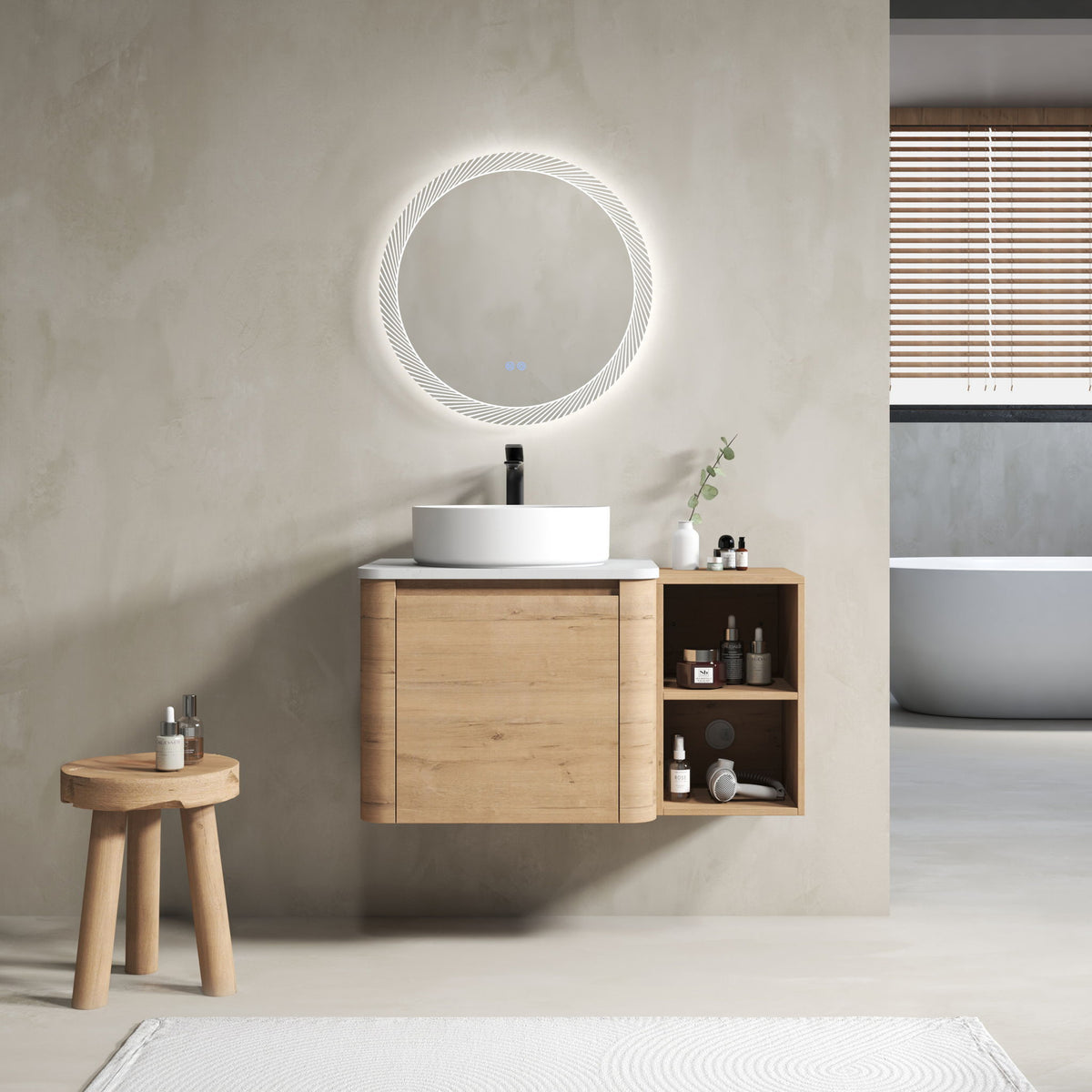 Wall-mounted bathroom vanity with white art sink and open right storage shelf in wood