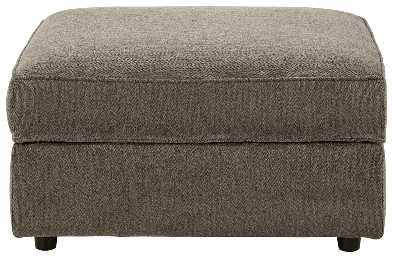 Putty fabric storage ottoman with cushioned lid and dark legs