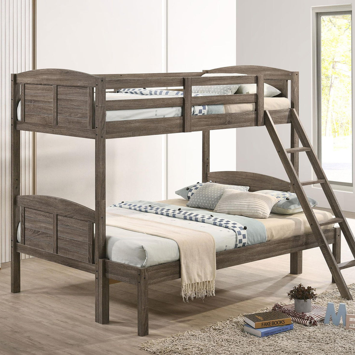 Flynn Wood Twin Over Full Bunk Bed with Mattress Weathered Brown