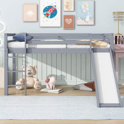 Twin Low Loft Bed with Slide, Ladder, Safety Guardrails, Rubber Wood Twin Loft Bed, Grey