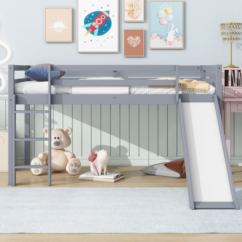 Twin Low Loft Bed with Slide, Ladder, Safety Guardrails, Rubber Wood Twin Loft Bed, Grey