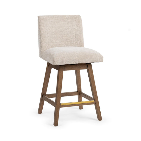 Counter-height swivel stool with light beige fabric seat and back, wooden legs with bracing.