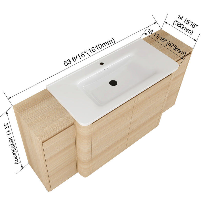 Freestanding bathroom vanity with white sink basin and light brown side cabinet doors