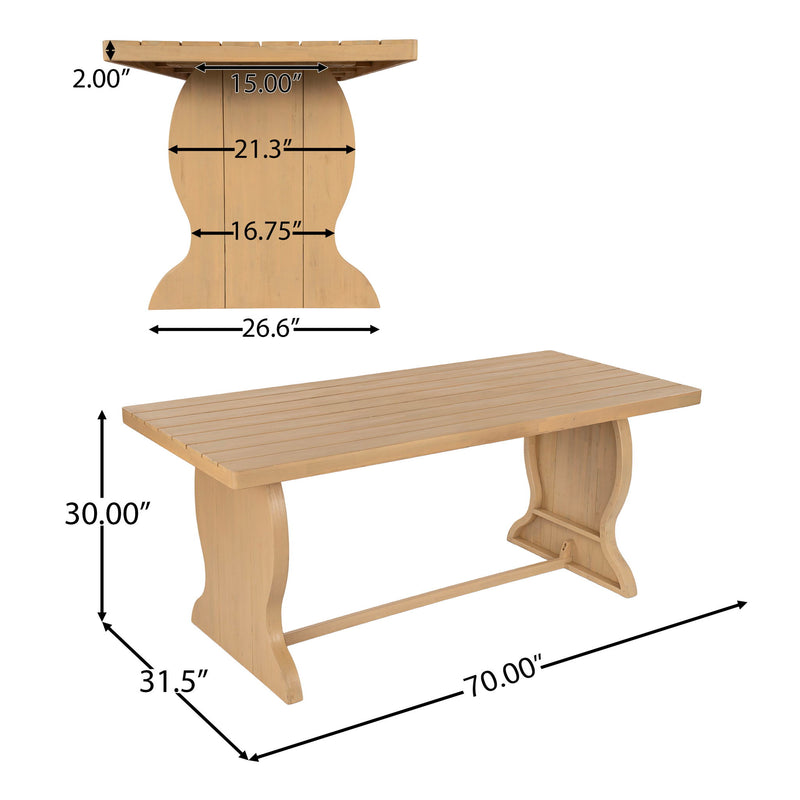 Rectangular Outdoor Dining Table, With Slatted Top And Fish Tail Curved Pedestal Legs - Light Teak