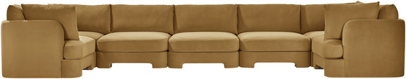 Light brown U-shaped sectional sofa with rounded arms and padded back cushions
