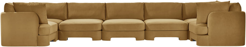 Light brown U-shaped sectional sofa with rounded arms and padded back cushions