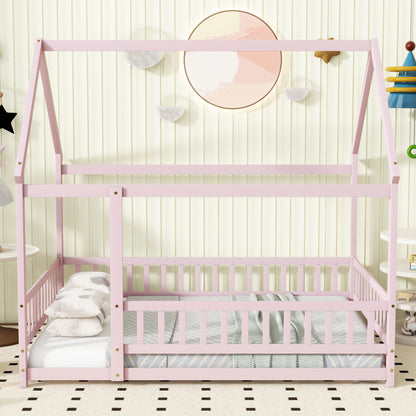 Full Size House Floor Wooden Bed with Roof Frame, Safety Guardrails, Pink