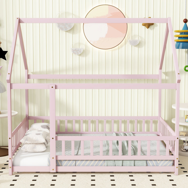 Full Size House Floor Wooden Bed with Roof Frame, Safety Guardrails, Pink