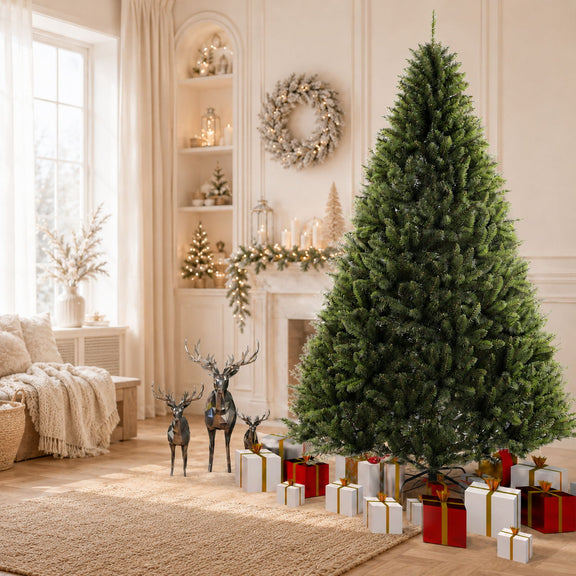 Dark green artificial Christmas tree with layered branch tips on a metal base