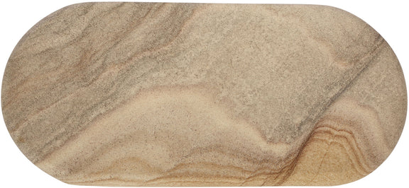 Carrell marble tray close-up, sand oval with light gray and tan swirling veining.