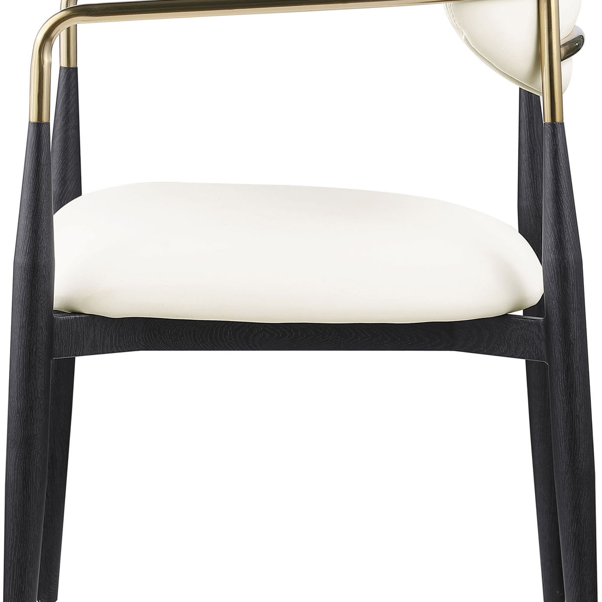 Upholstered dining arm chair with rounded white seat and back, black legs, gold frame