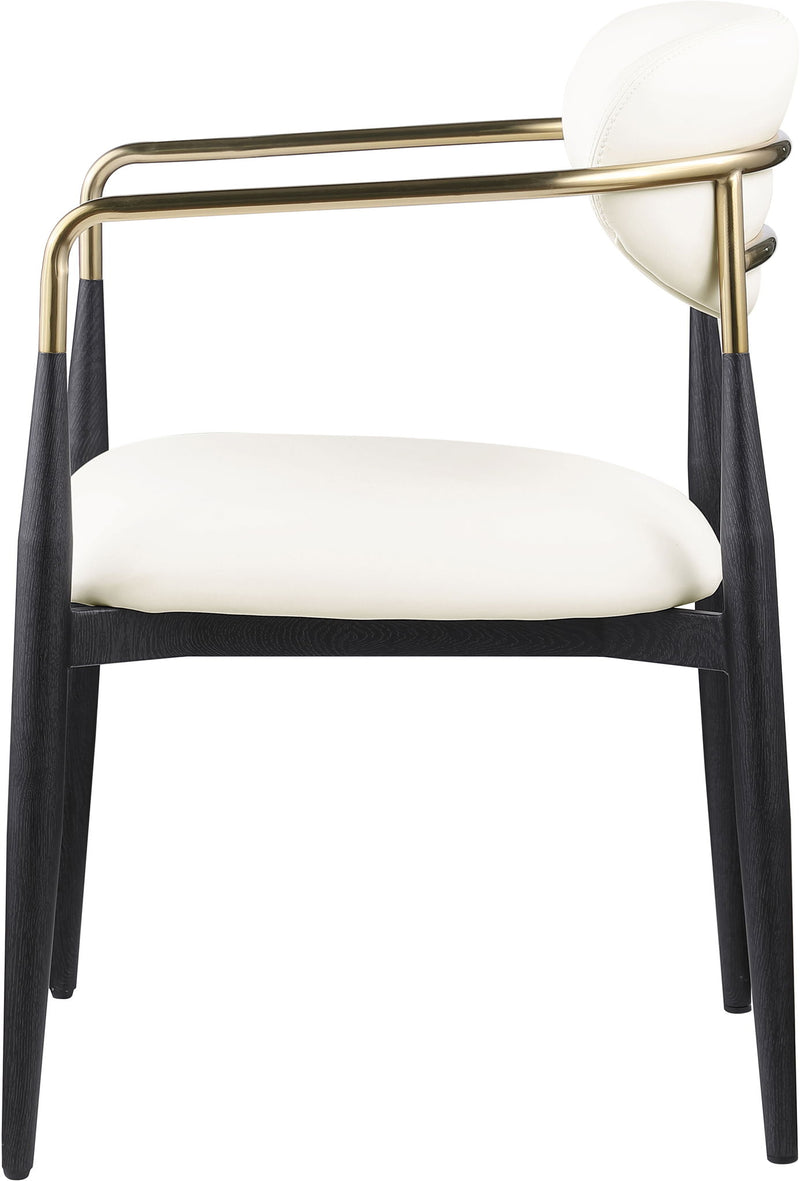 Upholstered dining arm chair with rounded white seat and back, black legs, gold frame