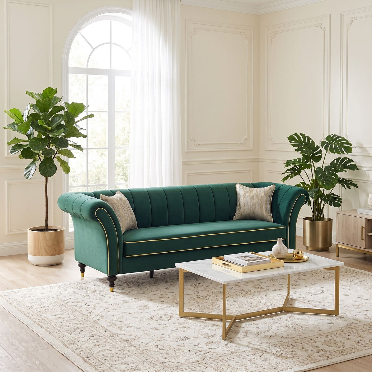 3 Seater Sofa With Rolled Arms, Vertical Channel Tufted Backrest
