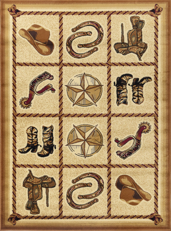 Beige southwest area rug with square icons: boots, stars, arrows, and scrolls