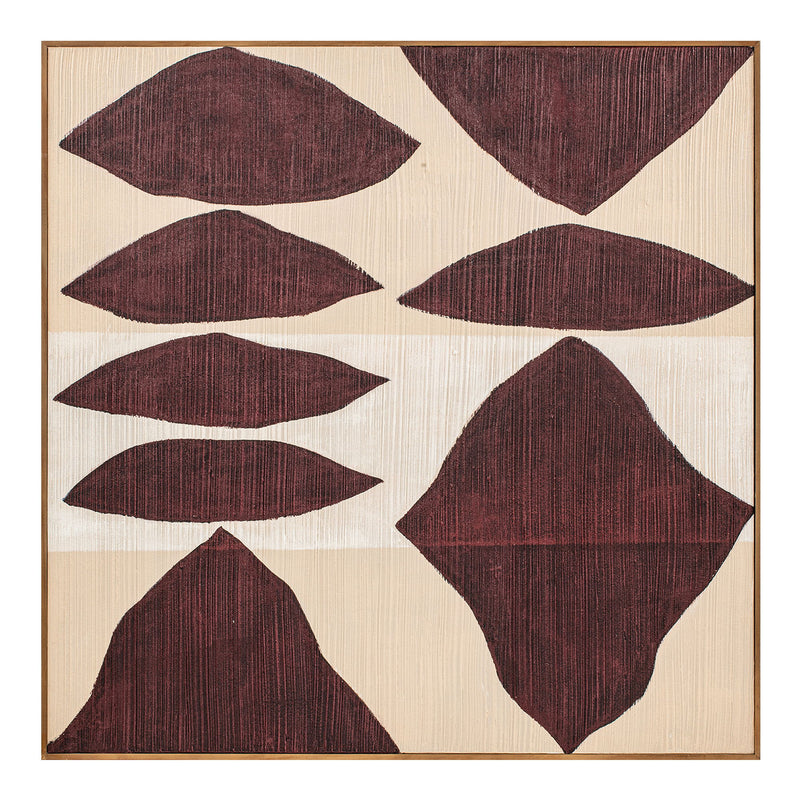 Beige framed abstract painting with dark brown leaf-like shapes
