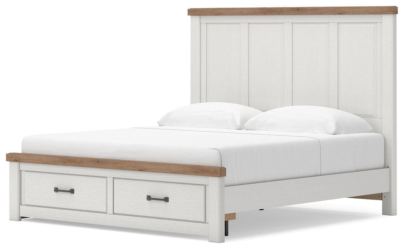 White panel storage bed with front under-bed drawer and slatted headboard