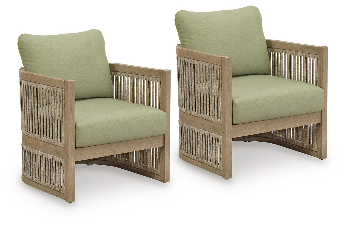 Set of 2 lounge chairs with green cushions, light wood slatted backs and sides