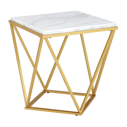 Square table with marble-look white top and gold-tone metal cross-frame base