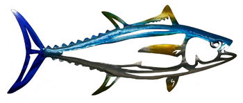 Blue and gold fish wall decor with 3D metal details, indoor/outdoor