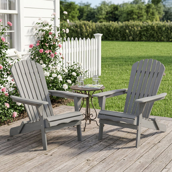 Gray folding Adirondack chair pair with slatted backs and armrests for patio use