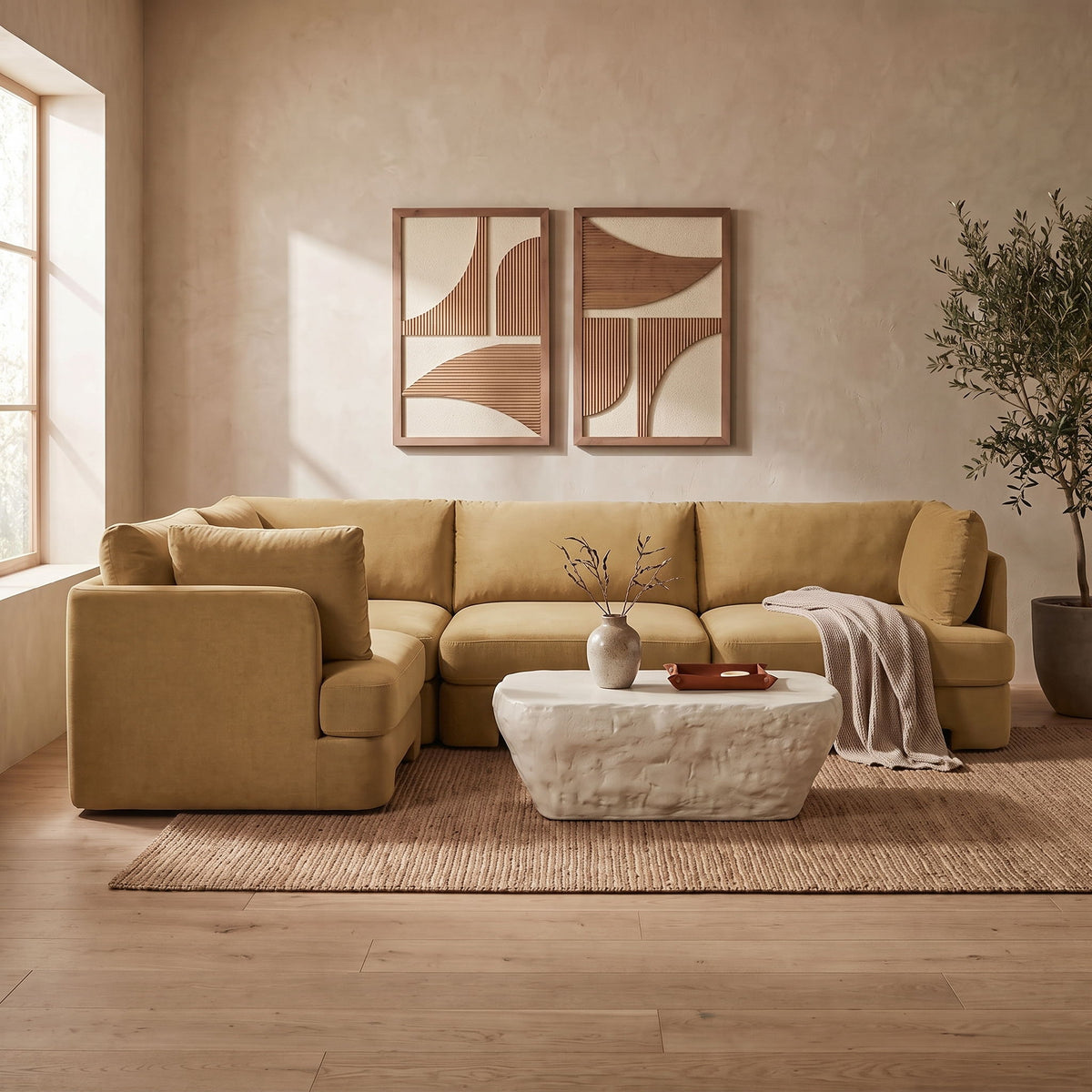 Beige velvet performance fabric sectional with chaise-style corner and tufted back cushions