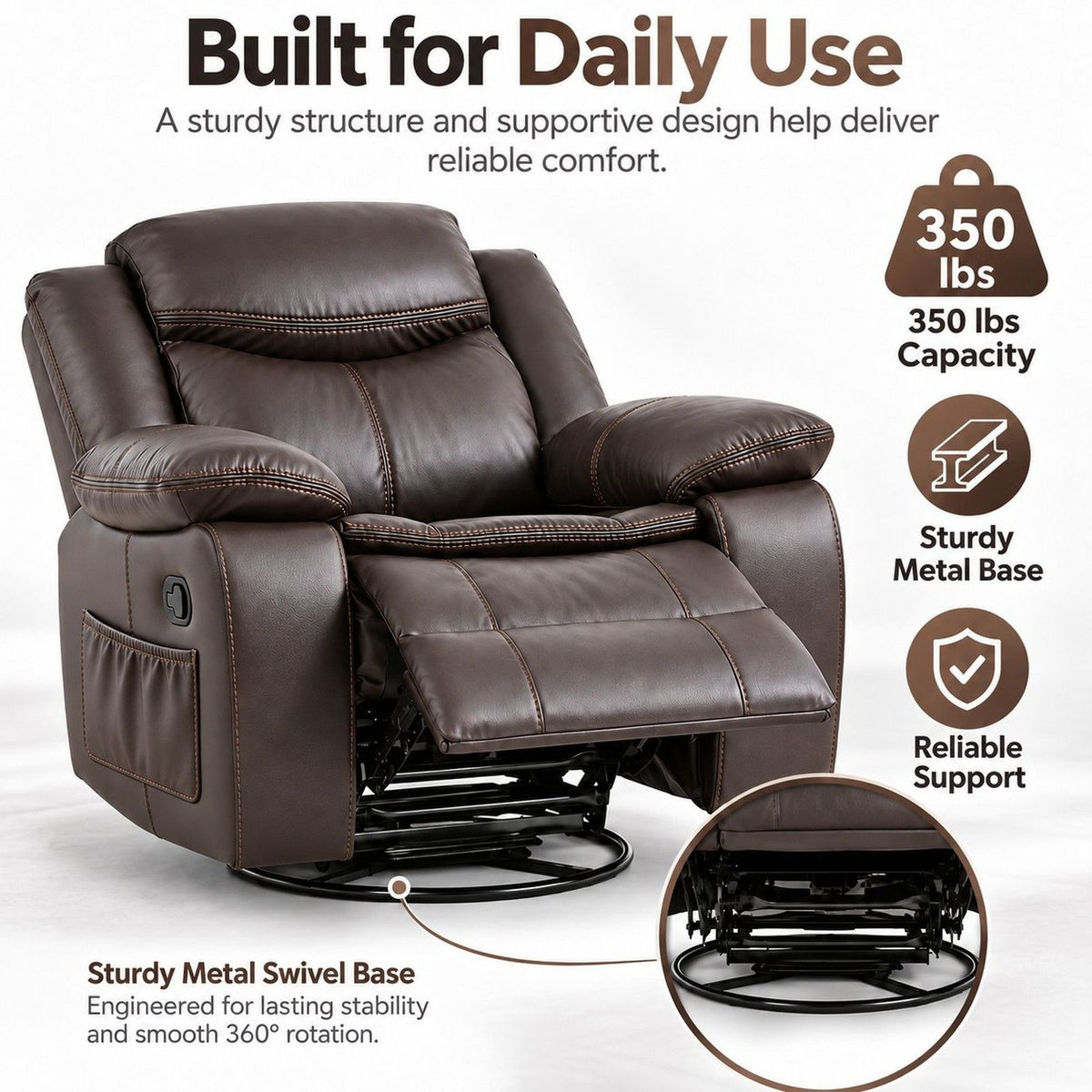 Dark brown rocker recliner chair with swivel base and extended footrest