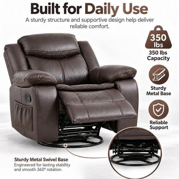 Dark brown rocker recliner chair with swivel base and extended footrest