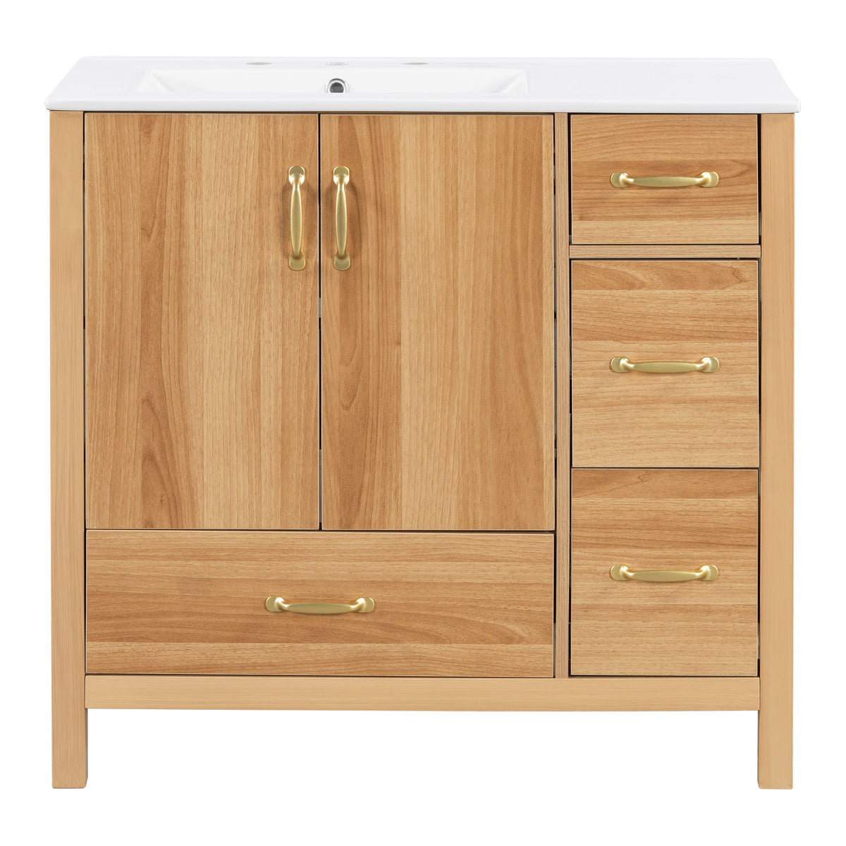 Bathroom vanity cabinet with white sink top, two doors and three drawers in acacia wood