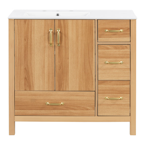 Bathroom vanity cabinet with white sink top, two doors and three drawers in acacia wood
