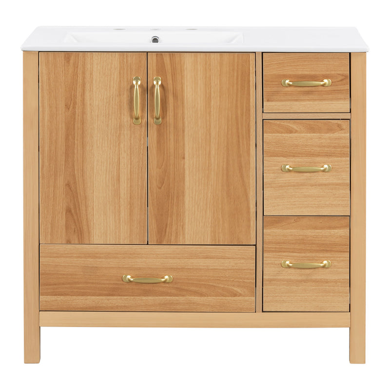 Bathroom vanity cabinet with white sink top, two doors and three drawers in acacia wood